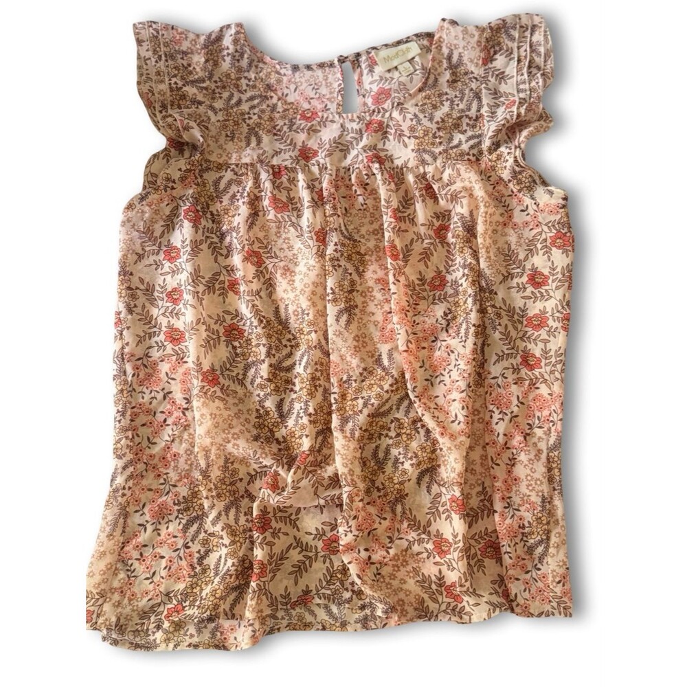 Modcloth Feminine Cottagecore Cream Floral Ruffle Cap-Sleeve Blouse